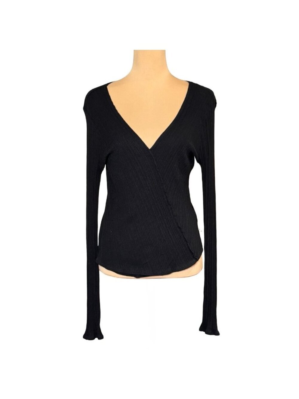 Vince Rib-Knit Deep V Wrap Top Sz L Black Minimalist Goth Capsule Wardrobe - Picture 2 of 11